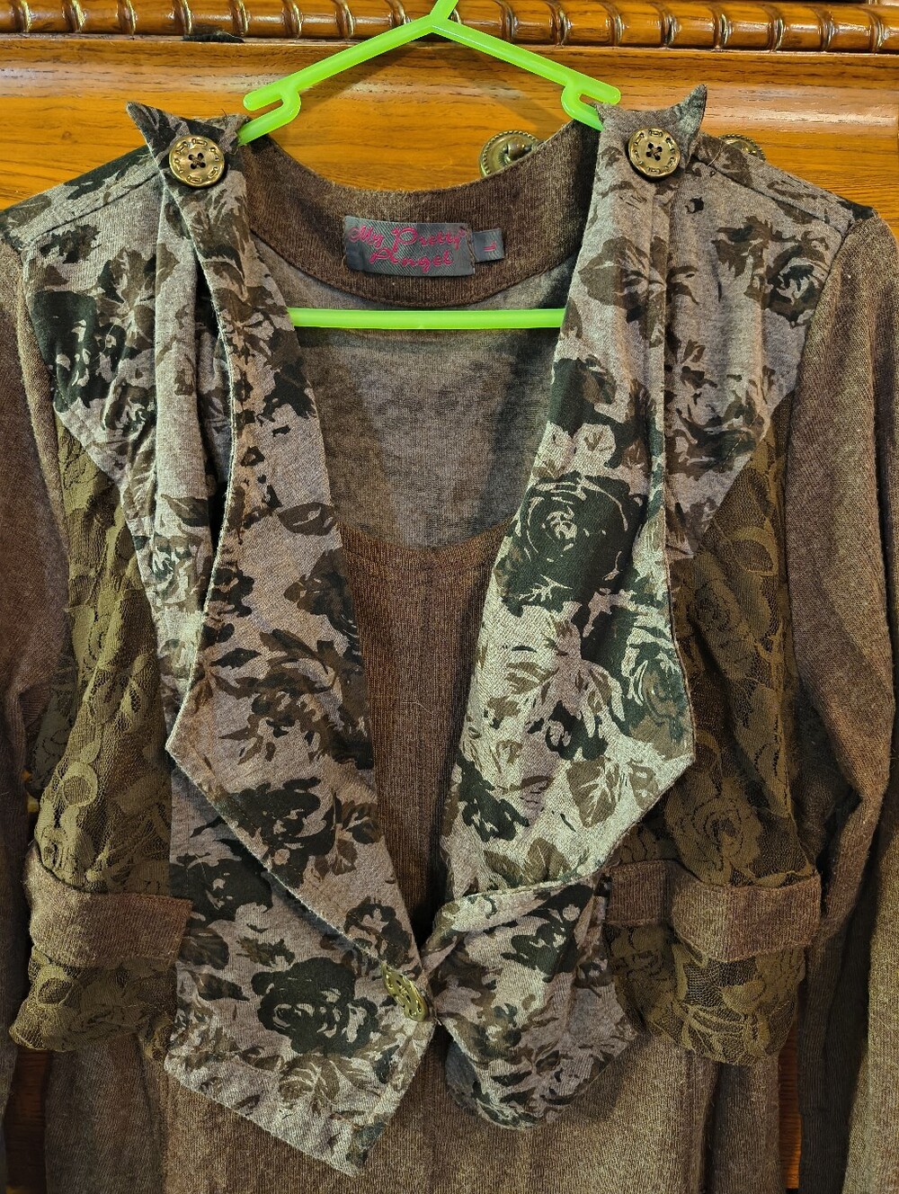 Pretty Angel Whimsical Floral Trim Brown Long Sleeve Top With Built In Vest